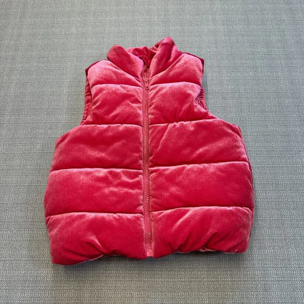 Gymboree Go Outside Puffer Vest size 7-8 Medium Velour Hot Pink Full Zip